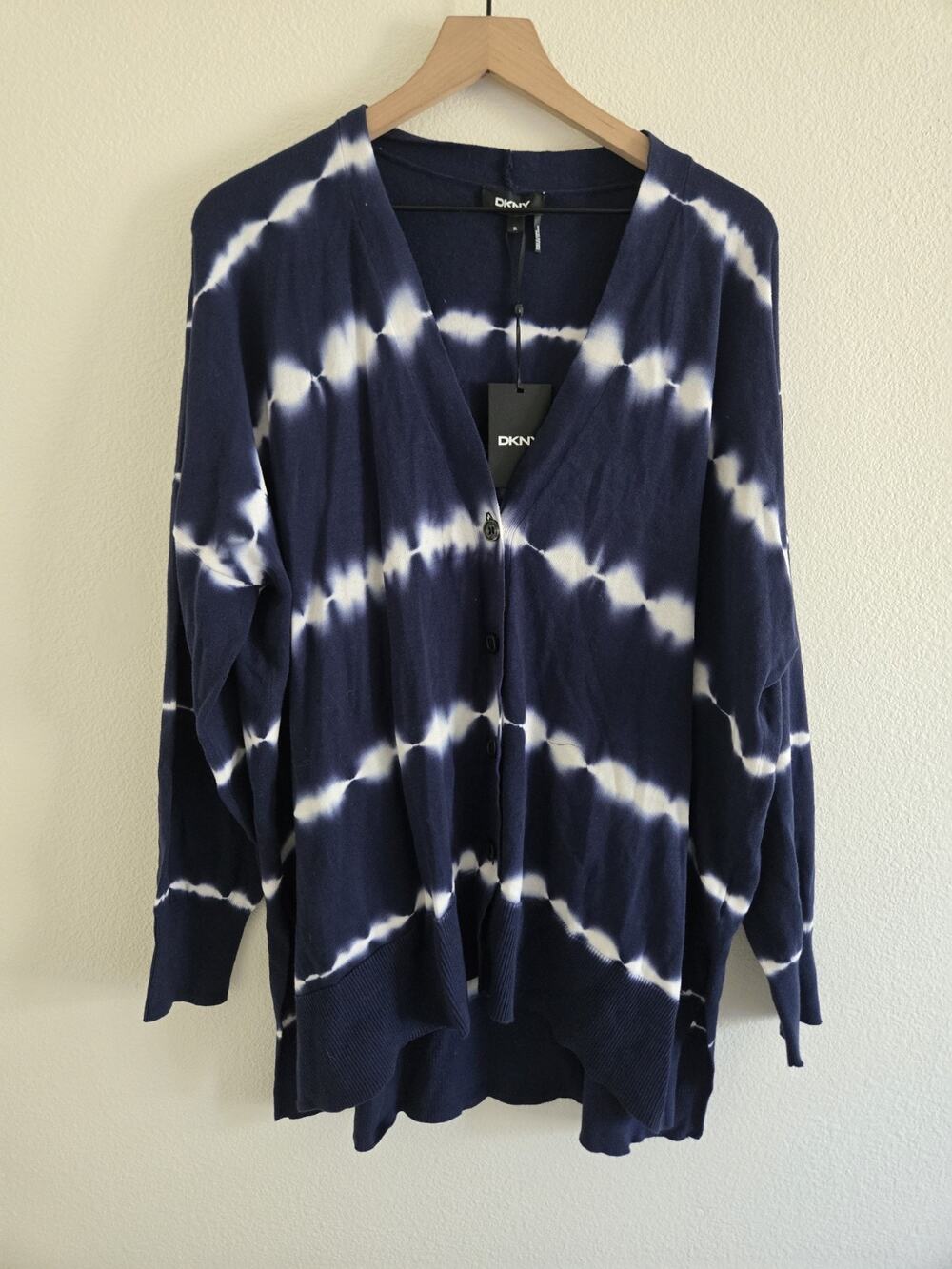 DKNY Blue Tie Dye Button Front Cardigan Sweater XL Coastal Nautical Resort Beach